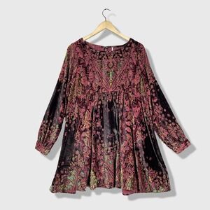 Free People Velvet Tunic Dress Women Medium Pink Boho Paisley Burnout Maximalist